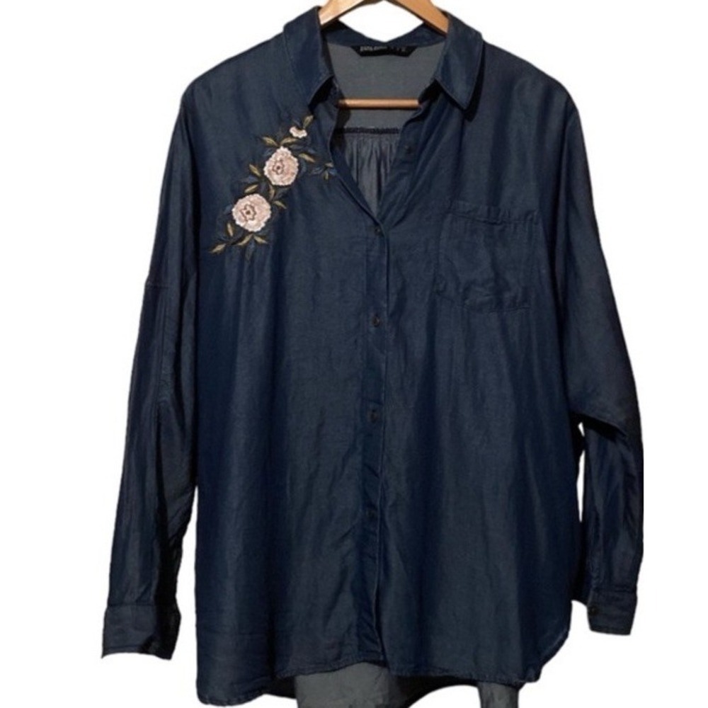 Zara‎ Oversized Batwing Denim Chambray Embroidered Tunic Women's Size M Western - Picture 2 of 10